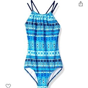 Blue one piece strapped bathing suit